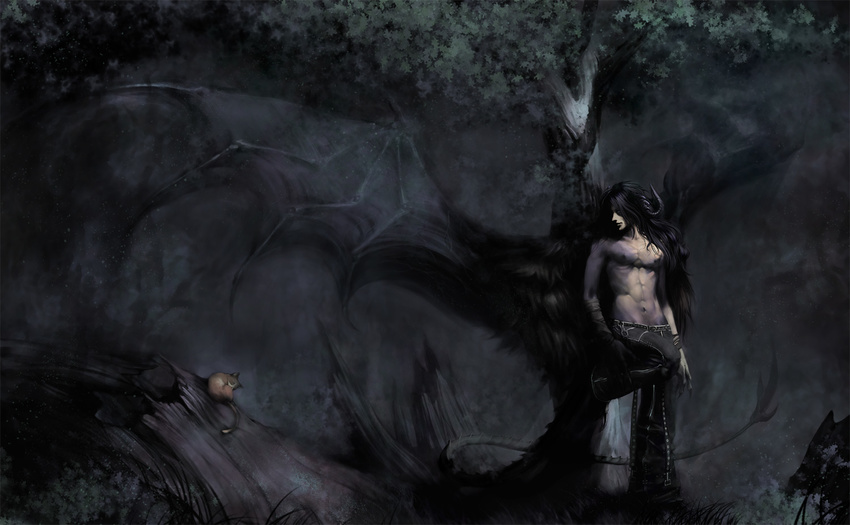 artist_request bat_wings black_hair cat copyright_request demon_boy horns male_focus night shirtless solo tree wings