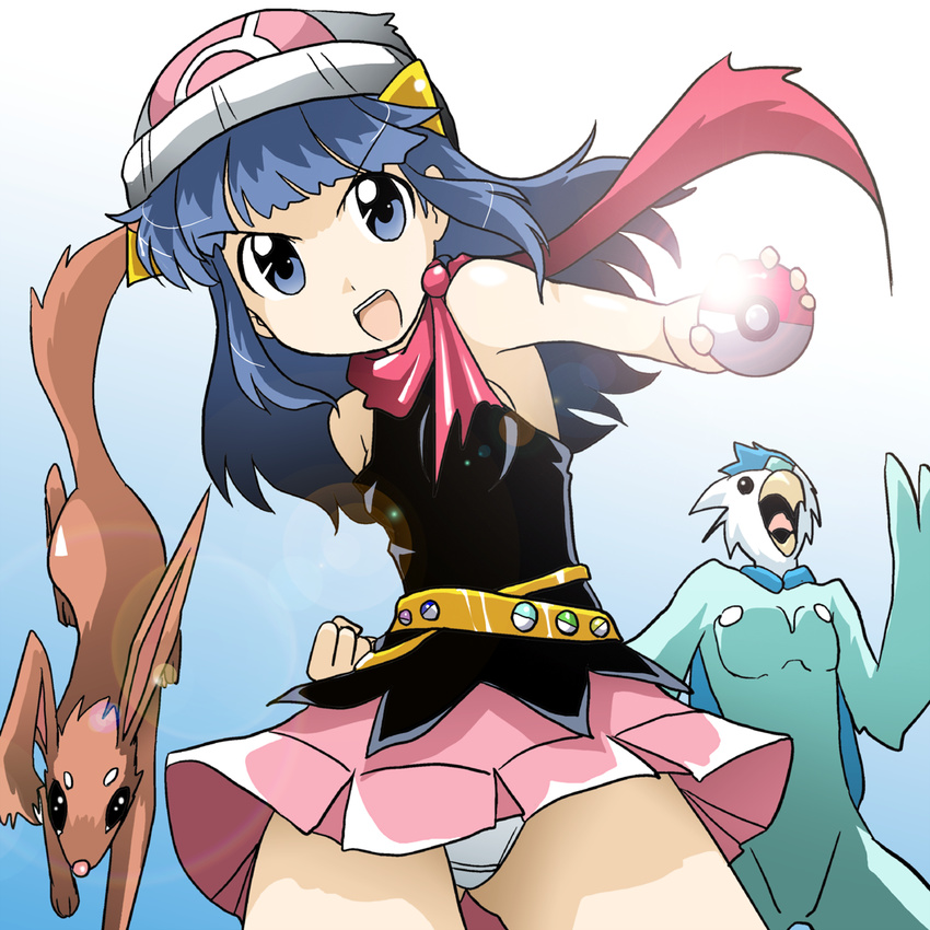 beanie blue_eyes blue_hair buneary gen_4_pokemon hat highres hikari_(pokemon) holding holding_poke_ball kakkii long_hair panties pantyshot piplup poke_ball pokemon pokemon_(creature) skirt underwear white_panties