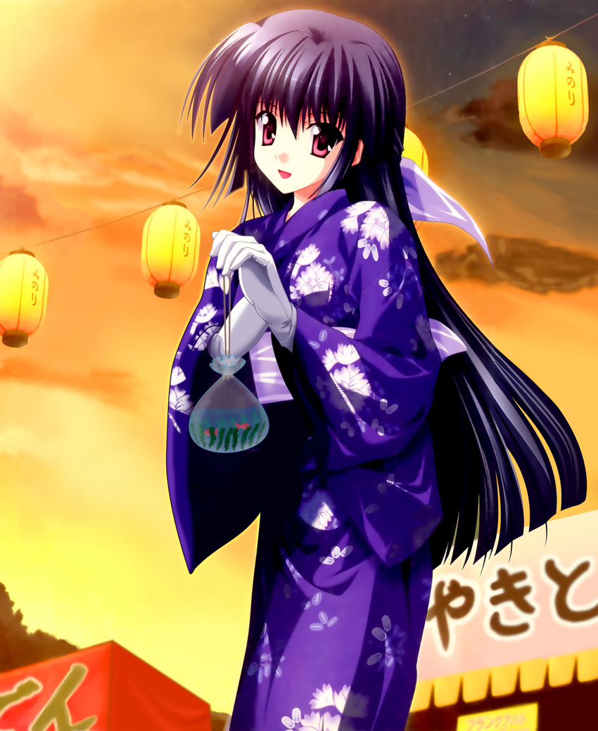 absurdres amamiya_yuuko blue_hair ef floral_print gloves highres japanese_clothes kimono long_hair nanao_naru purple_eyes solo white_gloves
