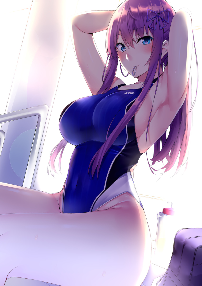 armpits arms_up backlighting bag blue_eyes blue_swimsuit blush breasts competition_swimsuit covered_navel dutch_angle eyebrows_visible_through_hair hair_ribbon highres indoors kaerunoashi large_breasts long_hair mouth_hold one-piece_swimsuit original purple_hair ribbon school_bag sideboob sidelocks sitting smile solo swimsuit tying_hair