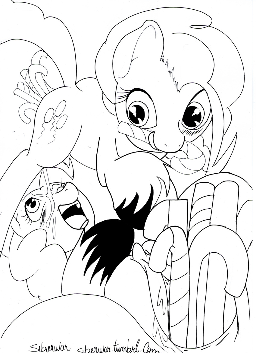 anal anal_insertion anal_penetration black_and_white clitoris duo equine female feral friendship_is_magic horse insertion lesbian line_art lying mammal masturbation monochrome mouth_hold multiple_penetration my_little_pony on_back one_eye_closed open_mouth penetration pinkie_pie pinkie_pie_(mlp) plain_background pony pussy selfcest siberwar square_crossover vaginal vaginal_insertion vaginal_penetration white_background