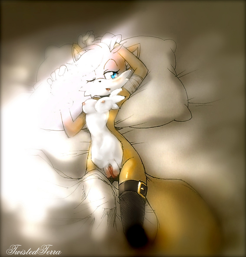 anthro bed blanket blue_eyes blush breasts canine crossgender female fox fur gloves looking_at_viewer lying mammal miles_prower nipples open_mouth pillow pussy rule_63 sega solo sonic_(series) sonic_team tails twistedterra video_games white_fur yellow_fur