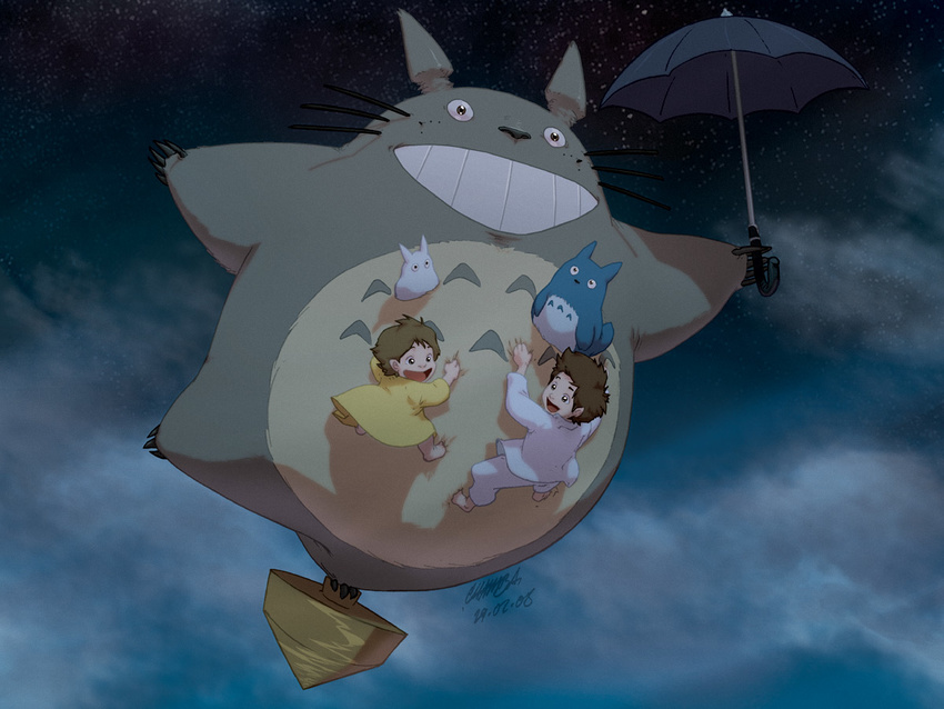 animal child jeffrey_cruz kusakabe_mei kusakabe_satsuki multiple_girls sky tonari_no_totoro totoro umbrella