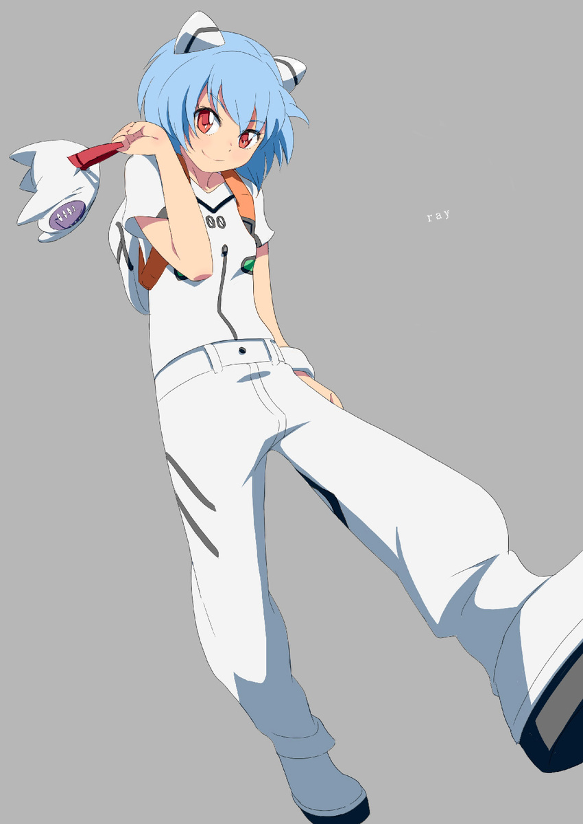 ayanami_rei bag blue_hair highres lilith_(evangelion) mebae neon_genesis_evangelion red_eyes short_hair smile solo younger