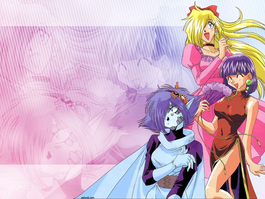 90s angry araizumi_rui blonde_hair blue_hair china_dress chinese_clothes choker closed_eyes crossdressing dress fan gourry_gabriev jpeg_artifacts male_focus multiple_boys non-web_source purple_hair slayers third-party_edit wallpaper xelloss zelgadiss_graywords