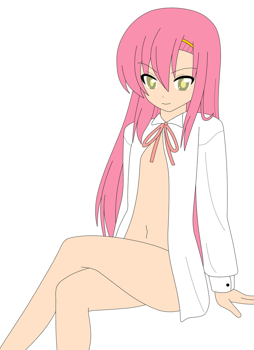 1girl absurdres hayate_no_gotoku! highres hinagiku_katsura katsura_hinagiku legs legs_crossed long_hair no_bra no_panties nude pajamas photoshop pink_hair smile thighs vector_trace yellow_eyes