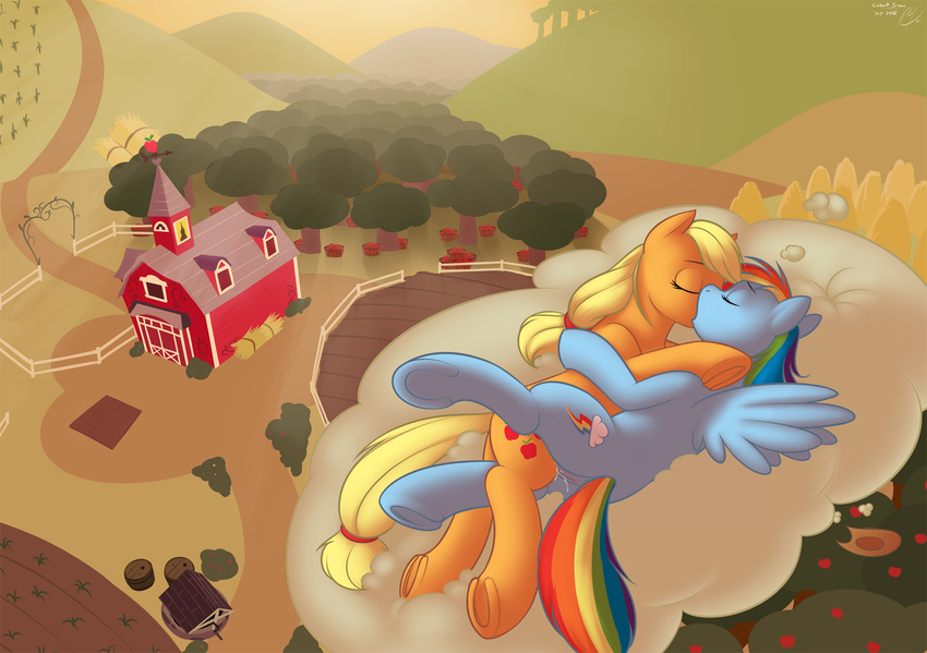 applejack applejack_(mlp) barn blonde_hair cloud cowboy_hat cutie_mark duo equine eyes_closed fatalfox fatalpony female feral friendship_is_magic fruit hair hat hay hills horse lesbian mammal multi-colored_hair my_little_pony pegasus pony pussy pussy_juice rainbow_dash rainbow_dash_(mlp) rainbow_hair rubbing scenery sunset well wet wings