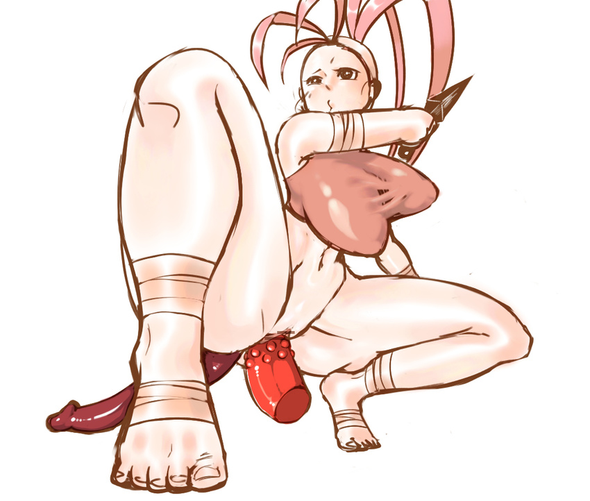 :3 ahoge anal anal_object_insertion barefoot bottomless breasts censored crop_top dildo double_dildo double_penetration huge_ahoge huge_breasts ibuki_(street_fighter) kunai long_hair ninja object_insertion pointless_censoring ponytail solo spread_legs squatting street_fighter street_fighter_iii_(series) tate_(mzn005) vaginal vaginal_object_insertion very_long_hair weapon