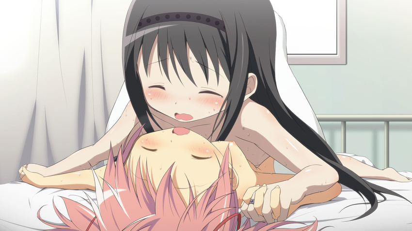 akemi_homura banned_artist black_hair blush breasts closed_eyes girl_on_top hair_ribbon hairband highres holding_hands kaname_madoka long_hair lying mahou_shoujo_madoka_magica moritan multiple_girls non-web_source on_back open_mouth pink_hair ribbon small_breasts twintails yuri