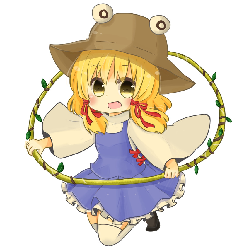 blonde_hair blush eyes fang hair_ornament hair_ribbon hat highres iwari_(kerokeroboushi) long_sleeves moriya's_iron_rings moriya_suwako open_mouth plant ribbon short_hair skirt smile solo thighhighs touhou vines white_background wide_sleeves yellow_eyes