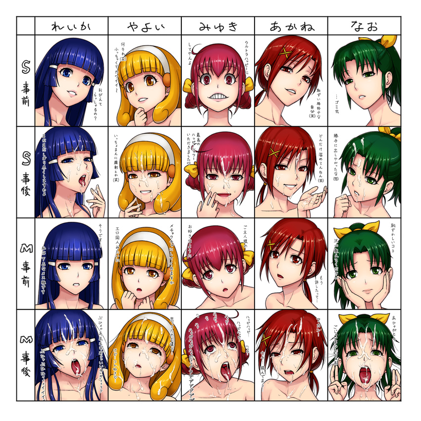 :o ahegao aoki_reika bangs blonde_hair blue_eyes blue_hair blunt_bangs chart collarbone cum cum_in_mouth cum_on_hair cum_on_tongue double_v drill_hair elenab empty_eyes everyone facial green_eyes green_hair grin hairband hands_on_own_face highres hino_akane_(smile_precure!) hoshizora_miyuki kise_yayoi lips long_hair midorikawa_nao multiple_girls nude open_mouth partially_translated pink_eyes pink_hair ponytail precure red_eyes sidelocks smile smile_precure! tears tongue translation_request twin_drills twintails upper_body v white_hairband yellow_eyes