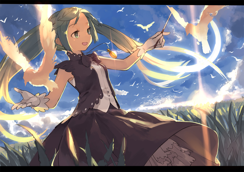 :d alternate_costume bird bow day dress gloves grass green_eyes green_hair hatsune_miku holding jong_tu letterboxed long_hair open_mouth sky smile solo sunlight sunrise twintails very_long_hair vocaloid white_gloves