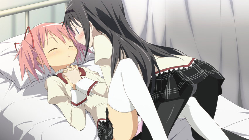 akemi_homura banned_artist bed black_eyes black_hair black_legwear blush closed_eyes hairband highres holding_hands interlocked_fingers kaname_madoka long_hair lying mahou_shoujo_madoka_magica moritan multiple_girls non-web_source on_bed panties panties_under_pantyhose pantyhose pillow pink_hair pink_panties plaid plaid_skirt pleated_skirt short_hair short_twintails skirt thighhighs twintails underwear white_legwear white_panties yuri