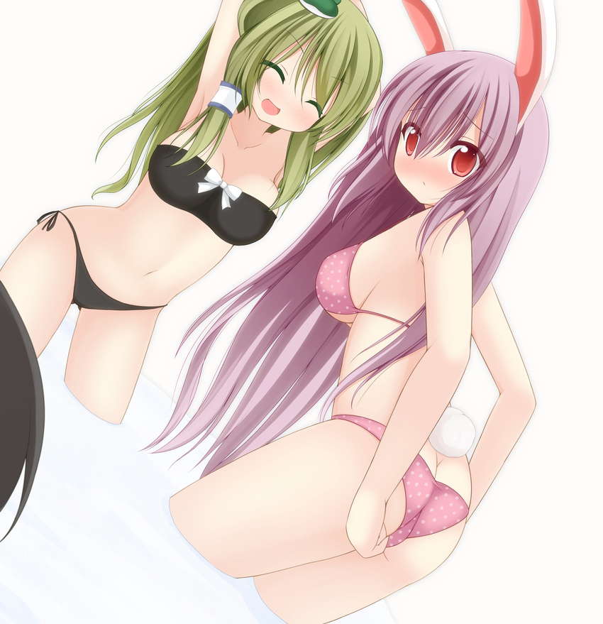 :d ^_^ adjusting_clothes adjusting_swimsuit animal_ears armpits arms_up ass bandeau bikini black_bikini blush breasts bunny_ears bunny_tail butt_crack chimunge closed_eyes collarbone frog_hair_ornament green_hair hair_ornament hair_tubes highres kochiya_sanae long_hair looking_back medium_breasts multiple_girls navel open_mouth polka_dot polka_dot_bikini polka_dot_swimsuit purple_hair red_eyes reisen_udongein_inaba side-tie_bikini smile swimsuit tail touhou trefoil wading