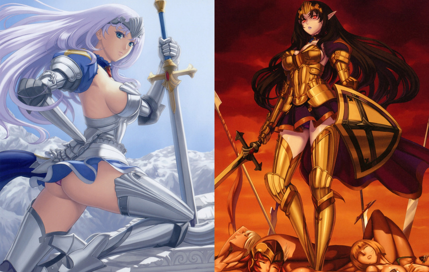 annelotte armor ass black_hair blue_eyes breasts demon_annelotte highres large_breasts long_hair miniskirt panties pink_panties pointy_ears queen's_blade queen's_blade_rebellion queen's_blade queen's_blade_rebellion red_eyes shield short_skirt skirt standing sword tiara underwear upskirt wallpaper weapon