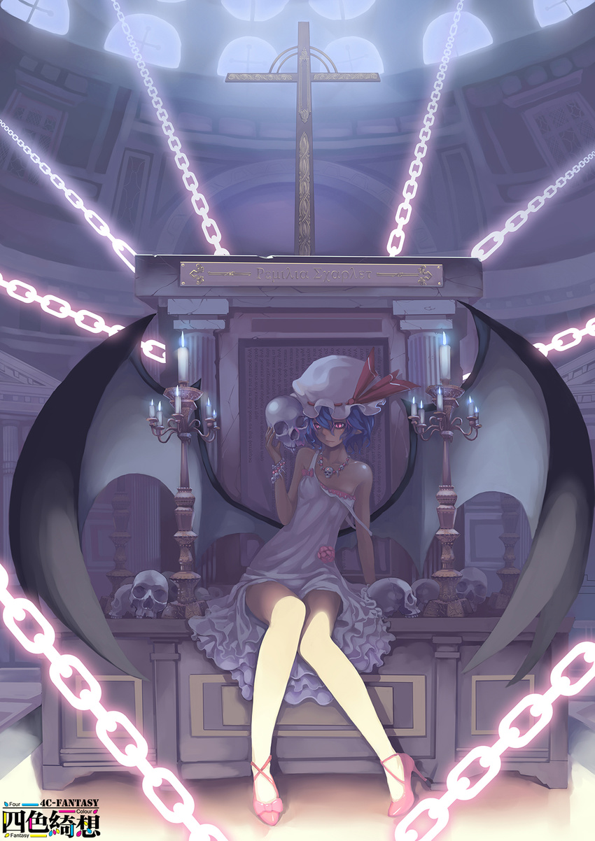 alternate_costume bare_shoulders bat_wings blue_hair candle chain character_name cross greek high_heels highres jewelry legs long_legs madyy necklace off_shoulder pointy_ears ranguage red_eyes remilia_scarlet shoes short_hair sitting skirt skull skull_necklace solo strap_slip thighs touhou white_skirt wings