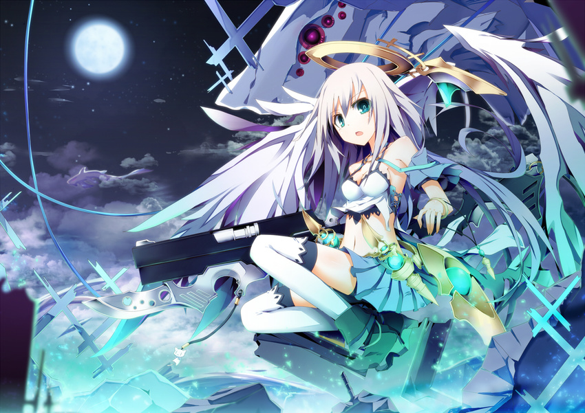 bare_shoulders blue_eyes full_moon gun halo ichiyan long_hair midriff monster moon navel night night_sky original pleated_skirt skirt sky solo thighhighs weapon white_hair wings