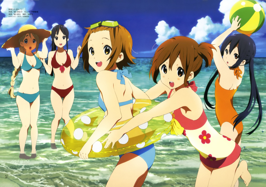 :d :o absurdres akiyama_mio alternate_hairstyle aqua_bikini ball barefoot beachball bikini blue_bikini braid breasts casual_one-piece_swimsuit cleavage cloud day flat_chest floral_print front-tie_top goggles goggles_on_head halterneck hands_on_headwear hat highres hirasawa_yui horiguchi_yukiko innertube k-on! k-on!_movie kotobuki_tsumugi medium_breasts megami multiple_girls nakano_azusa navel official_art one-piece_swimsuit open_mouth orange_swimsuit outdoors polka_dot red_bikini round_teeth scan side_ponytail sky small_breasts smile sun_hat swimsuit tainaka_ritsu teeth toes twintails water