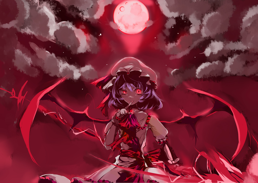 absurdres ascot bat_wings blaze_(artist) brooch cloud fangs finger_to_mouth full_moon hat hat_ribbon highres jewelry lavender_hair looking_at_viewer moon night red_eyes red_moon remilia_scarlet ribbon short_hair skirt skirt_set smile solo spear_the_gungnir touhou upper_body wings