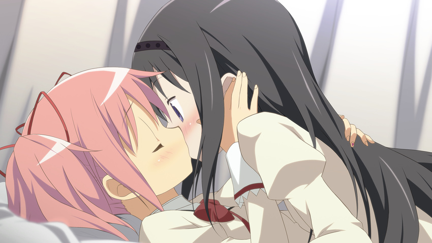 akemi_homura banned_artist black_hair blue_eyes blush closed_eyes hair_ribbon hairband highres kaname_madoka kiss long_hair lying mahou_shoujo_madoka_magica moritan multiple_girls non-web_source on_back pink_hair ribbon twintails underwear yuri