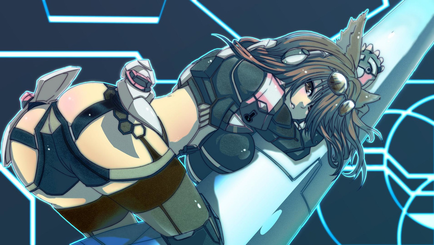 all_fours animal_ears armband ass black_legwear boots breasts brown_hair cat_ears eyewear_on_head garter_straps gloves hair_over_one_eye headphones highres looking_at_viewer medium_breasts midriff neighbor_quartz parted_lips phantasy_star phantasy_star_online_2 pole short_hair smile solo sunglasses thigh_boots thighhighs wisespeak