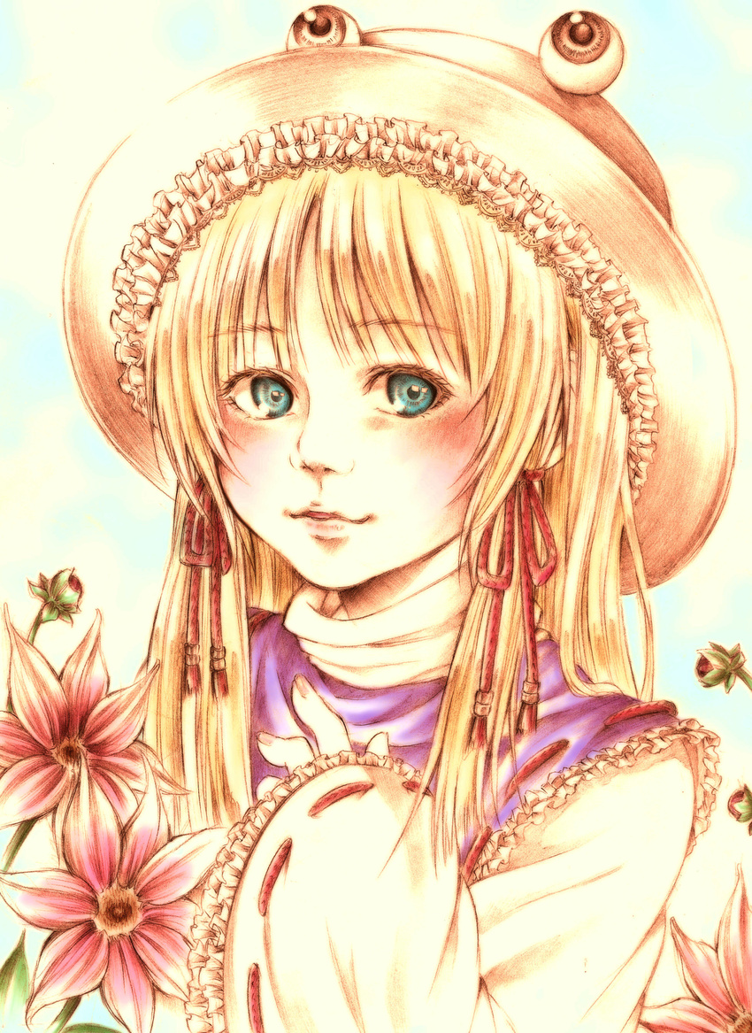 absurdres aqua_eyes bangs blonde_hair flower frilled_sleeves frills hair_ribbon hat highres long_sleeves looking_at_viewer moriya_suwako nora_wanko realistic ribbon shirt solo touhou upper_body vest wide_sleeves