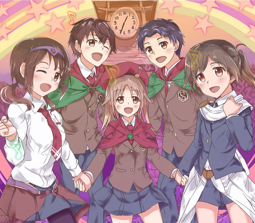 3girls artist_request black_hair black_legwear brown_eyes brown_hair clock costume fashion hairband maeda_atsuhiro miyamoto_konatsu multiple_boys multiple_girls music musical_note okita_sawa open_mouth pantyhose sakai_wakana scarf short_hair singing smile tanaka_taichi tari_tari thighhighs