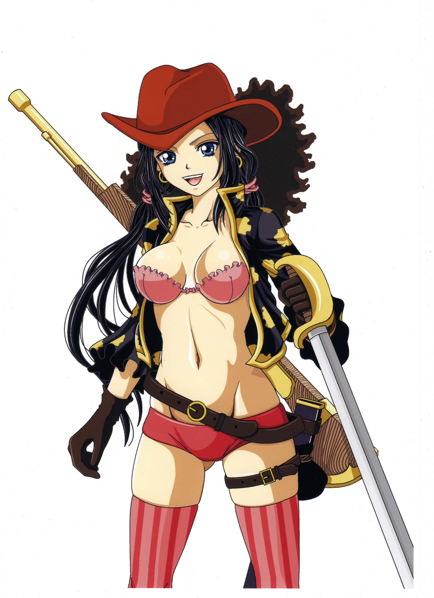 1girl absurdres basuchian bra breasts cleavage earrings gloves gun hat highres jewelry long_hair nico_robin one_piece one_piece_film_z open_mouth patterned_legwear pirate rifle sword thighhighs underwear weapon