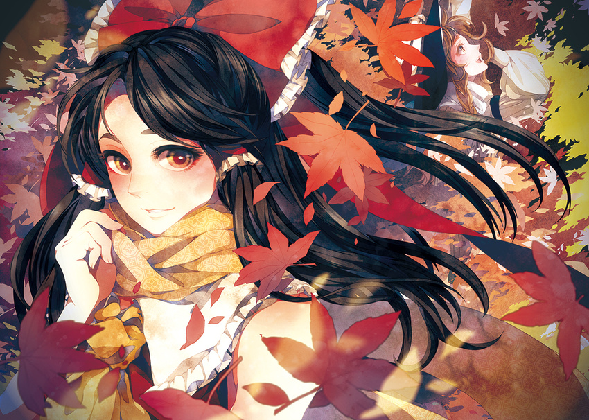 autumn autumn_leaves blonde_hair blush braid brown_hair hair_tubes hakurei_reimu hat kirisame_marisa kyachi leaf long_hair looking_at_viewer maple_leaf multiple_girls red_eyes scarf single_braid smile touhou witch_hat yellow_eyes