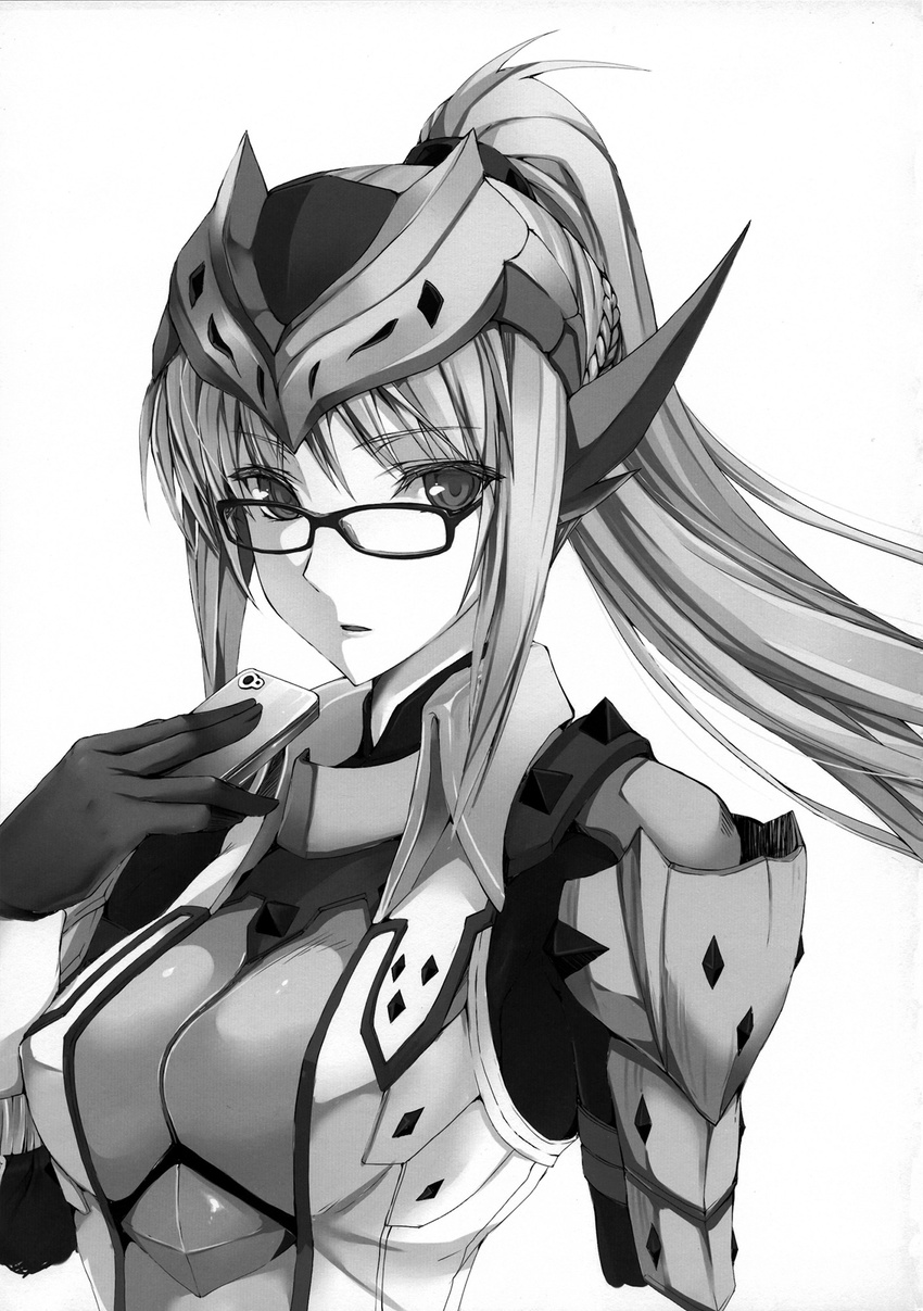 barioth_(armor) breasts cellphone glasses greyscale headdress highres hipster kizuki_aruchu large_breasts monochrome monster_hunter phone ponytail solo