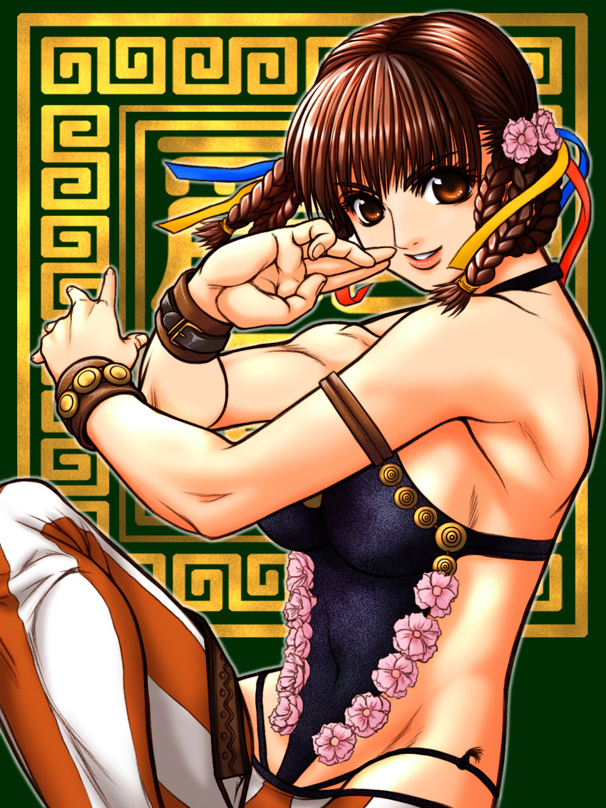 bracelet braid breasts brown_eyes brown_hair dead_or_alive dead_or_alive_5 fighting_stance flower groin hair_flower hair_ornament hair_ribbon highleg highleg_panties highleg_swimsuit highres jewelry large_breasts lei_fang lips lowleg lowleg_pants oogami_makoto_(artist) panties pants ribbon sideboob solo striped striped_pants swimsuit toned twin_braids underwear