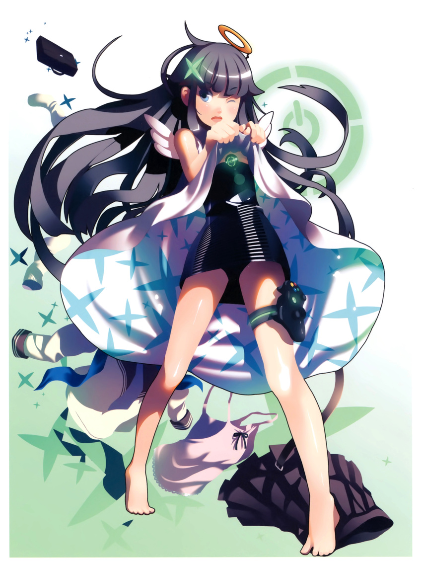 1girl ;d absurdres angel_wings bag barefoot black_dress black_hair blue_eyes briefcase camisole clothes_lift controller dress dress_lift fake_halo game_controller glowing halo highres long_hair one_eye_closed open_mouth original photoshop_(medium) pleated_skirt scan school_bag school_briefcase school_uniform serafuku skirt smile solo thigh_strap vofan white_dress wings xbox_controller xbox_logo