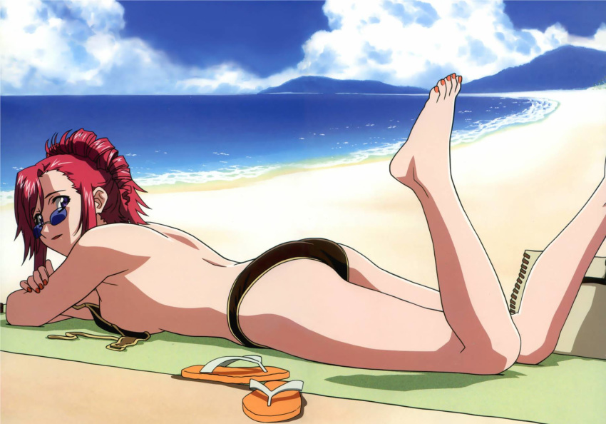 ass bare_shoulders barefoot beach bikini breasts curly_hair glasses highres kazami_mizuho looking_back lying on_stomach onegai_teacher pink_hair purple_eyes short_hair sky swimsuit