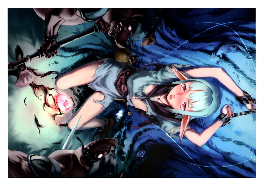 blue_hair breasts chains dendrobium elf highres imminent_rape monster nishieda pointy_ears rape torn_clothes weapon