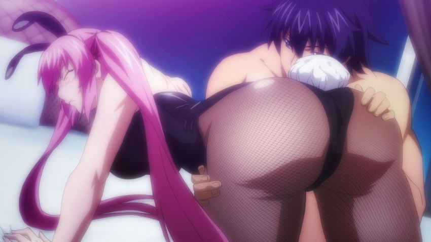 ass_grab breasts bunnysuit hagure_yuusha_no_estetica huge_ass ousawa_akatsuki ousawa_miu pink_hair