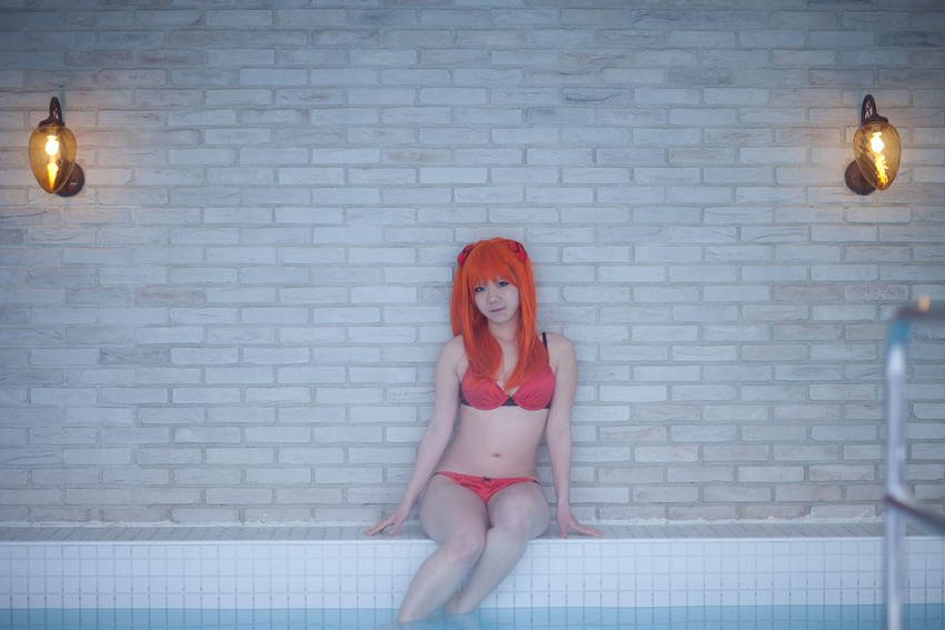 asian barefoot bikini cosplay highres neon_genesis_evangelion orange_hair photo pool soryu_asuka_langley swimsuit tanaka_mana water