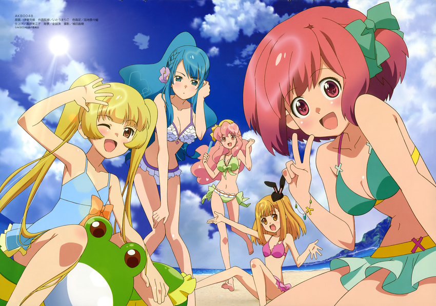 :d ;d absurdres adjusting_hair aida_orine akb0048 animal_ears arm_up armpits bandana bangs barefoot beach bikini bikini_skirt blonde_hair blue_eyes blue_hair blue_sky blunt_bangs blush body_blush bow bracelet braid breasts bunny_ears casual_one-piece_swimsuit cleavage cloud curly_hair day duplicate fake_animal_ears feet fisheye flat_chest floating_hair flower food frilled_bikini frills front-tie_top gradient_hair hair_bow hair_flower hair_ornament half_updo hand_on_thigh hat heart heart-shaped_pupils high_ponytail highres holding ichijou_yuuka inflatable_frog inflatable_raft inflatable_toy itou_katsunobu jewelry knees_together_feet_apart leaning_forward leg_lift legs lens_flare light_rays long_hair long_legs looking_at_viewer low_twintails megami motomiya_nagisa mountain multicolored_hair multiple_girls navel non-web_source ocean official_art on_ground one-piece_swimsuit one_eye_closed one_side_up open_mouth orange_eyes orange_hair outdoors outstretched_arms pink_eyes pink_hair ponytail popsicle red_eyes red_hair riding running scan shinonome_sonata short_hair side-tie_bikini side_braid side_ponytail sidelocks sitting sky slender_waist smile sono_chieri sun sunbeam sunlight swept_bangs swimsuit symbol-shaped_pupils thigh_gap twintails v very_long_hair water waving wide_hips