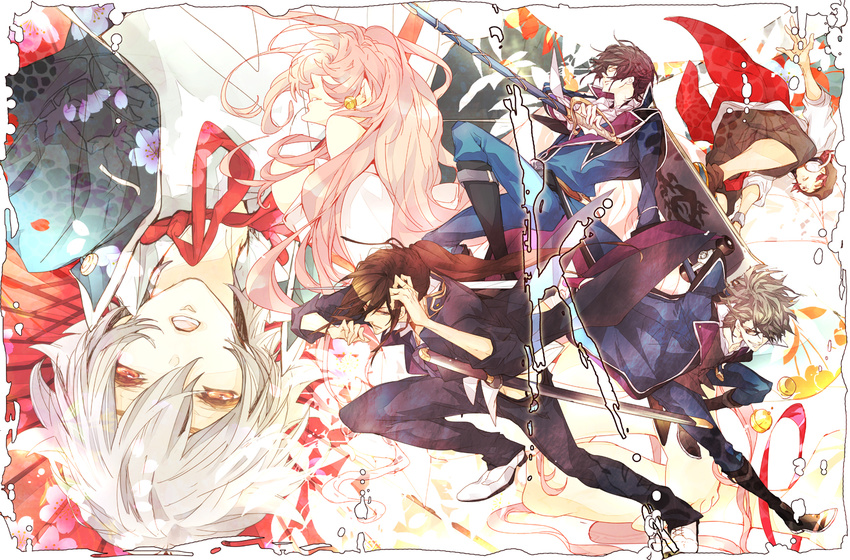 5boys black_hair boots fushimi_saruhiko glasses hat headphones isana_yashiro jacket k_(anime) levi-kuroko long_hair multiple_boys munakata_reishi neko_(k) pink_hair red_eyes red_hair short_hair silver_hair skateboard sword weapon yata_misaki yatogami_kurou