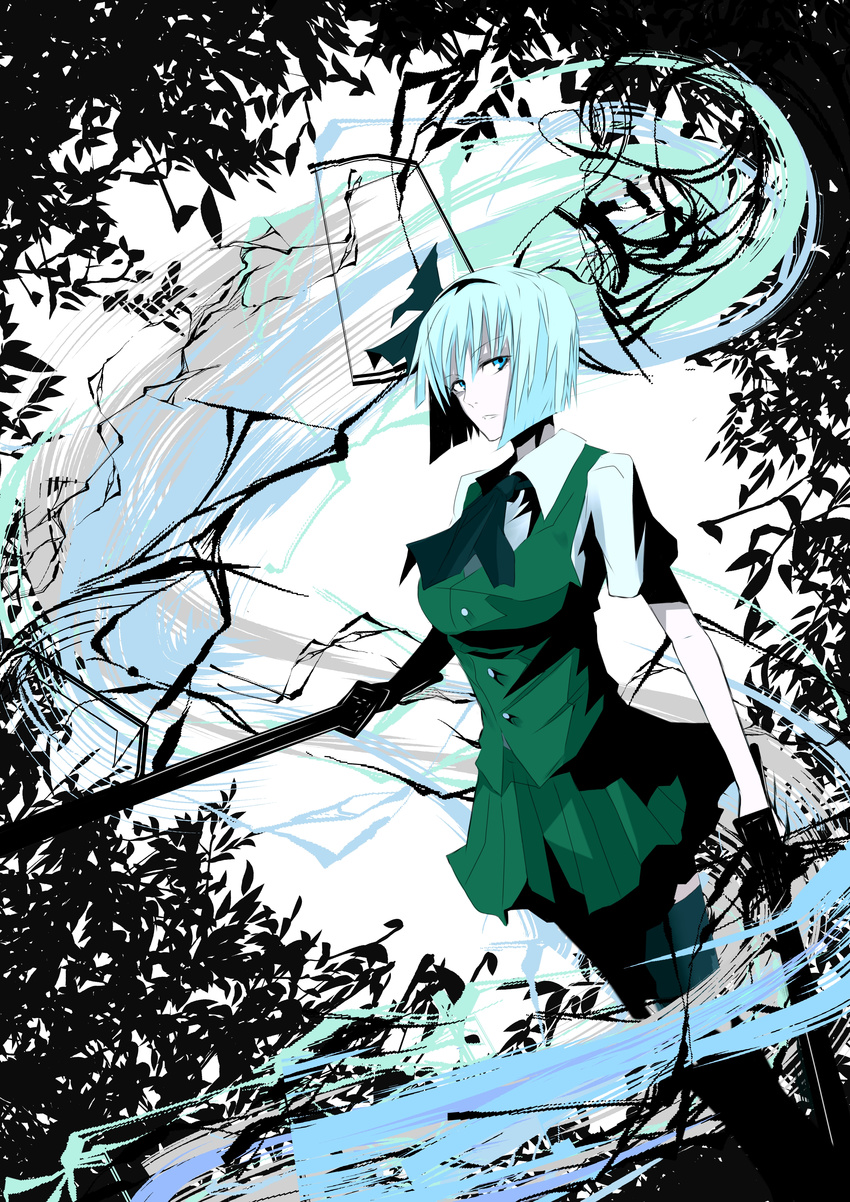 absurdres aqua_hair blue_eyes breasts dual_wielding hair_ribbon hairband healtz highres holding katana konpaku_youmu konpaku_youmu_(ghost) large_breasts older ribbon short_hair skirt solo sword thighhighs touhou weapon