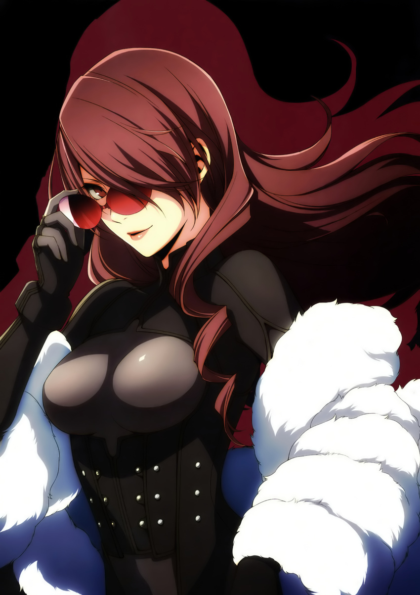 absurdres bodysuit breasts framed_breasts fur_coat hair_over_one_eye highres kirijou_mitsuru lips medium_breasts persona persona_3 persona_4:_the_ultimate_in_mayonaka_arena red_eyes red_hair scan skin_tight smile sogabe_shuuji solo sunglasses