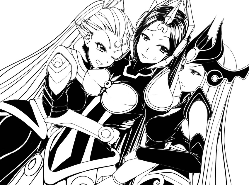 arm_hug armor arms_around_waist between_breasts bikini_armor breastplate breasts cleavage clenched_teeth cowboy_shot cuddling detached_sleeves diana_(league_of_legends) dutch_angle ear_protection eye_contact fingerless_gloves flipped_hair forehead_protector from_side gem girl_sandwich gloves greyscale hand_on_another's_head helmet horned_headwear hug large_breasts league_of_legends leona_(league_of_legends) long_hair looking_at_another looking_at_viewer monochrome multiple_girls oldlim one_eye_closed pauldrons rivalry sandwiched simple_background sweatdrop syndra tears teeth vambraces very_long_hair wince