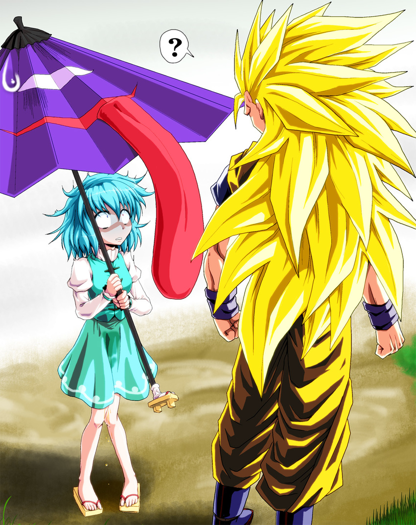 1girl ? blonde_hair blue_eyes blue_hair commentary_request constricted_pupils crossover dragon_ball dragon_ball_z geta heterochromia highres kamishima_kanon karakasa_obake long_hair pee peeing peeing_self purple_umbrella red_eyes sandals scared size_difference skirt son_gokuu super_saiyan super_saiyan_3 tatara_kogasa tongue touhou umbrella