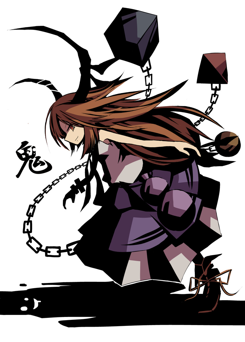 absurdres bad_id bad_pixiv_id blue_skirt bow bracelet brown_hair chain clair_(v0yance) expressionless flat_color from_side gourd hair_bow highres horns ibuki_suika jewelry layered_skirt leaning long_hair orange_eyes profile ribbon running shadow shirt simple_background skirt sleeveless smile solo touhou translated white_background white_shirt