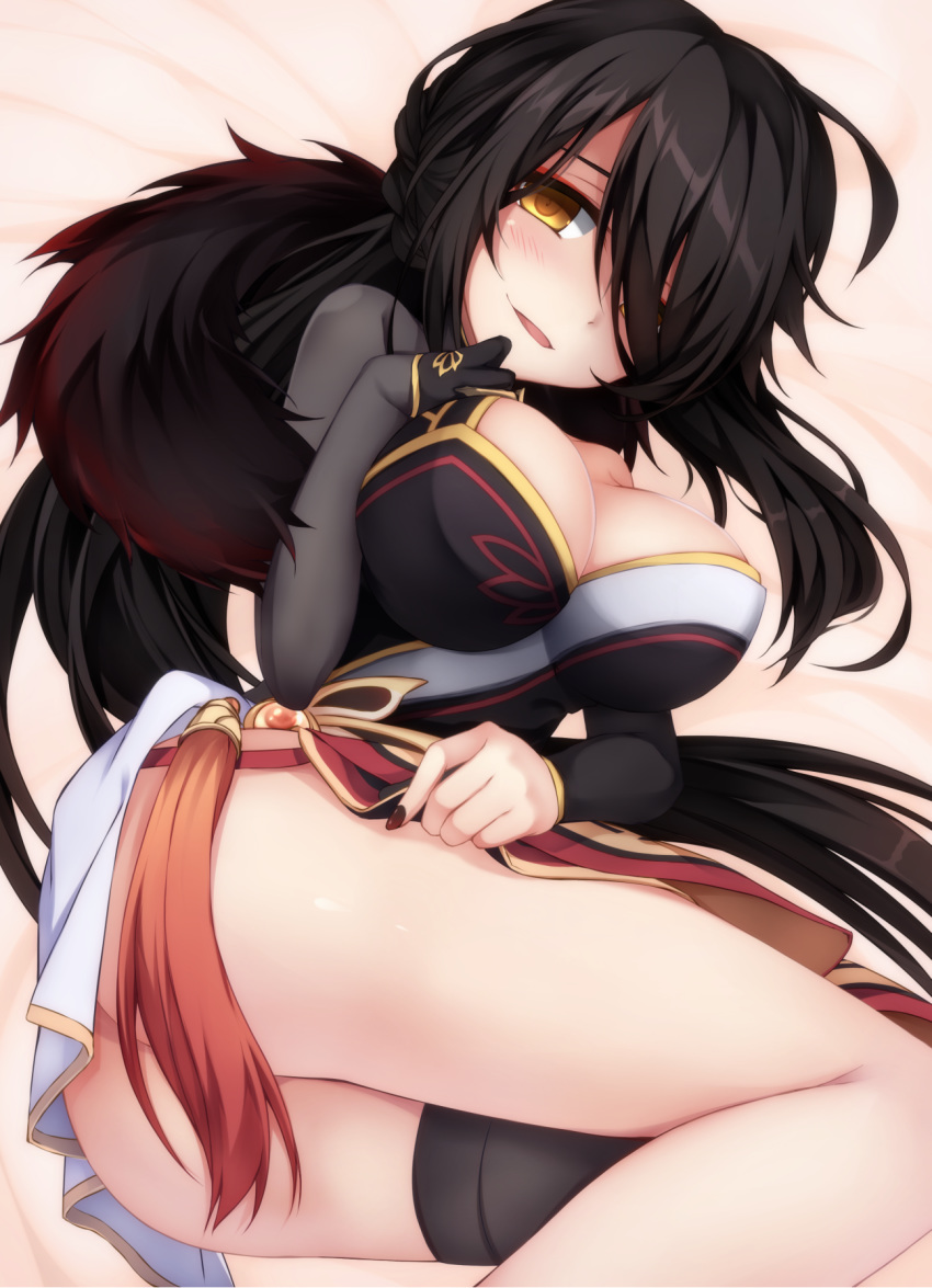 1girl ara_han black_hair blush braid breasts cleavage clothes_lift elsword hair_over_one_eye highres large_breasts long_hair looking_at_viewer lowell_(ouranoss2kanata) lying on_side open_mouth smile solo thighs yama_raja_(elsword) yellow_eyes