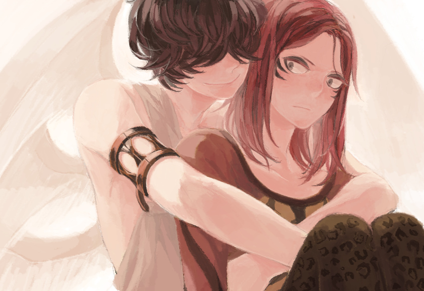 angel animal_print armlet asching bangs bare_arms bare_shoulders black_eyes black_hair black_legwear covered_eyes facial_tattoo hair_over_face hug hug_from_behind leopard_print long_sleeves male_focus multiple_boys original parted_bangs red_hair sitting smile tattoo toga white_wings wings yaoi