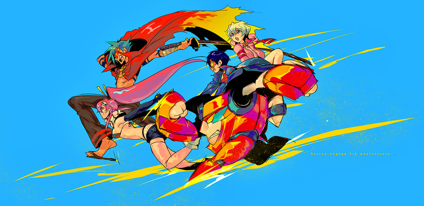 2girls akutsumi bad_id bad_pixiv_id bikini_top blue_hair cape goggles kamina kamina_shades lagann mecha multicolored_hair multiple_boys multiple_girls nia_teppelin ponytail red_hair running short_shorts shorts simon sword tengen_toppa_gurren_lagann thighhighs two-tone_hair weapon yoko_littner