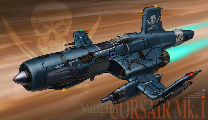 airplane artist_name cannon cockpit energy_gun exhaust f4u_corsair jet jolly_roger light missile no_humans original pilot pilot_suit realistic science_fiction skull skull_and_crossed_swords space_craft spacesuit watermark weapon web_address zenseava