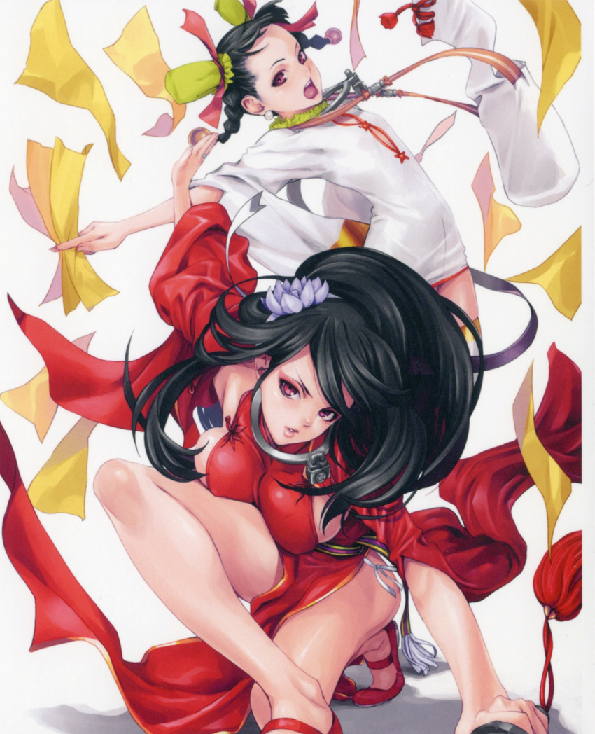 2girls absurdres artist_request black_hair breasts dress highres large_breasts long_hair multiple_girls official_art open_mouth queen's_blade queen's_blade_rebellion queen's_blade queen's_blade_rebellion red_dress red_eyes sainyan sainyang_(queen's_blade) siblings sisters standing tarnyan tarnyang_(queen's_blade) twins white_dress
