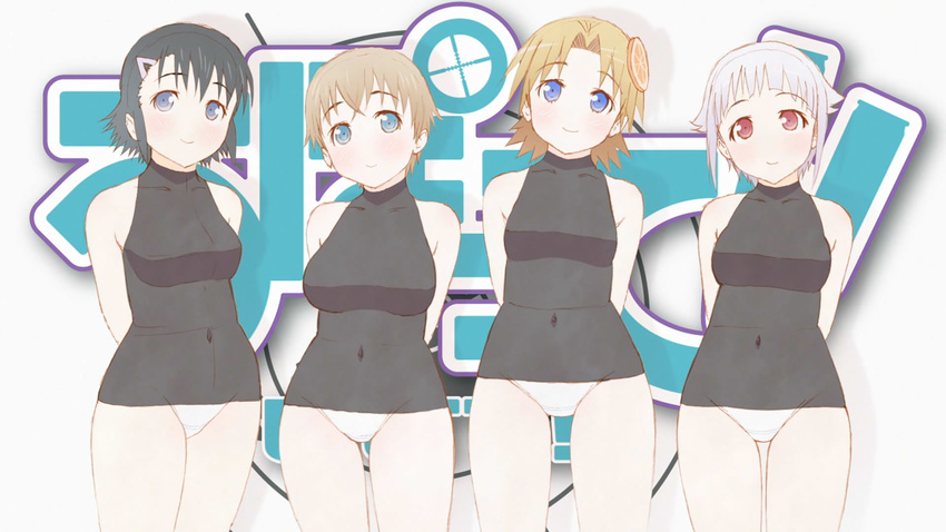 artist_request black_hair blonde_hair blue_eyes blush brown_hair fnc_(upotte!!) highres l85a1_(upotte!!) m16a4_(upotte!!) multiple_girls official_art one-piece_swimsuit red_eyes school_swimsuit screencap sg550_(upotte!!) short_hair silver_hair smile swimsuit upotte!!