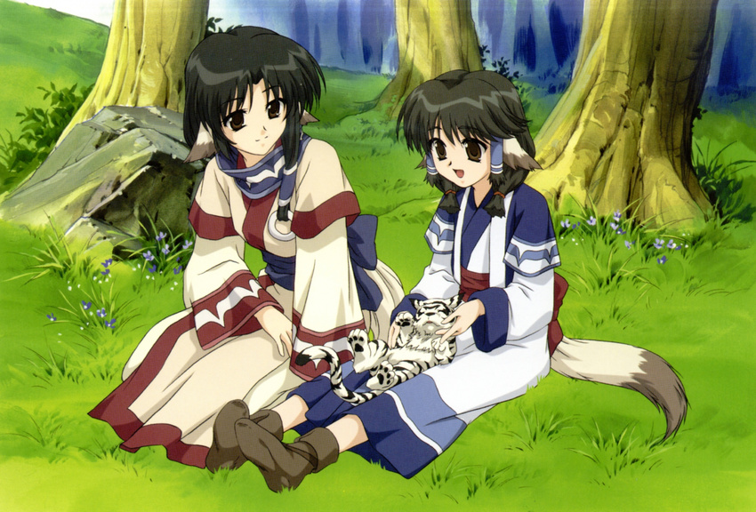 ainu_clothes animal_ears artist_request aruruw brown_eyes dog_ears dog_tail eruruw hair_ornament hair_tubes highres jewelry layered_sleeves long_hair multiple_girls official_art petting ring scan tail tiger utawareru_mono